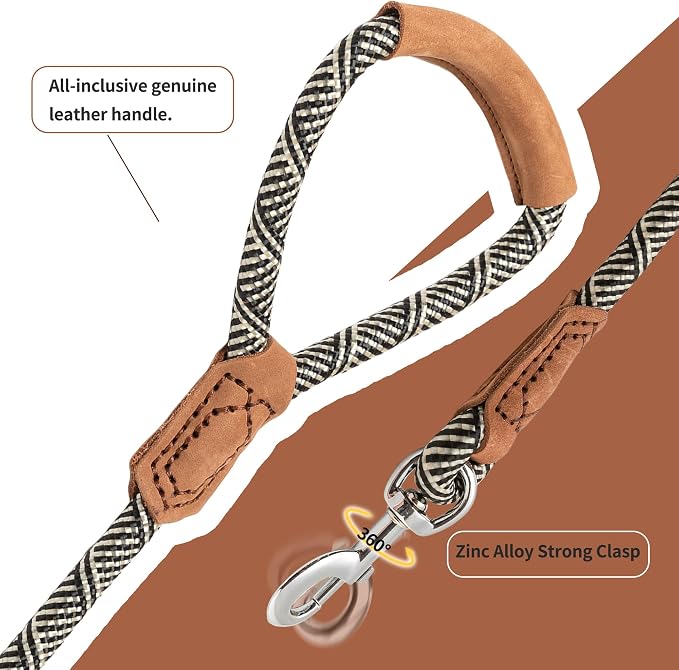 Mile High Life Dog Leash with Genuine Leather Handle, 6 FT/5 FT/4 FT | Leather Grip Rope Leash, Heavy Duty 360° Swivel Metal Clasp, for Small Medium & Large Dogs