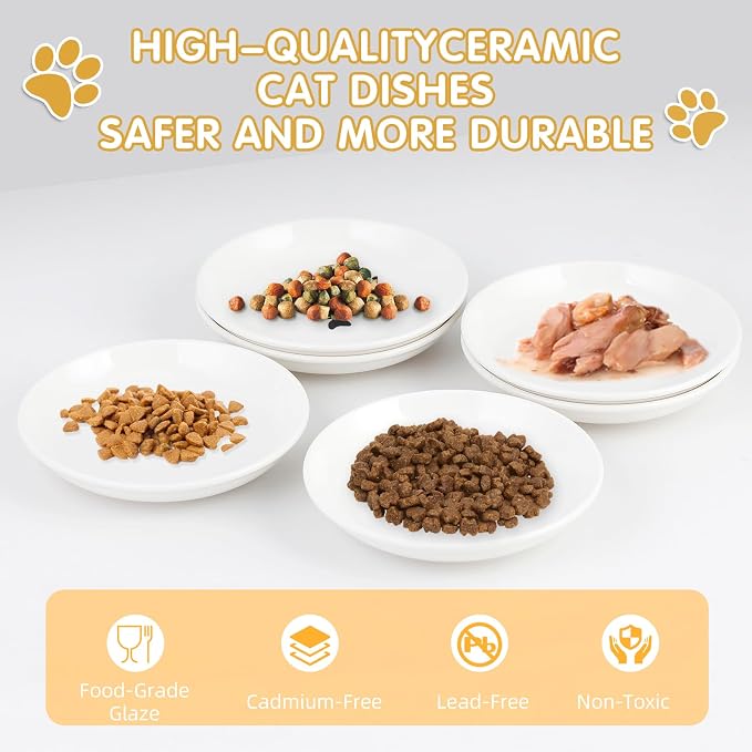 6 Pack Cat Food Bowl, Ceramic Cat Bowls, Anti Whisker Fatigue Cats Bowl Set | 5.5 Inches Shallow Wide Kitten Plates for Food and Water (White-C)