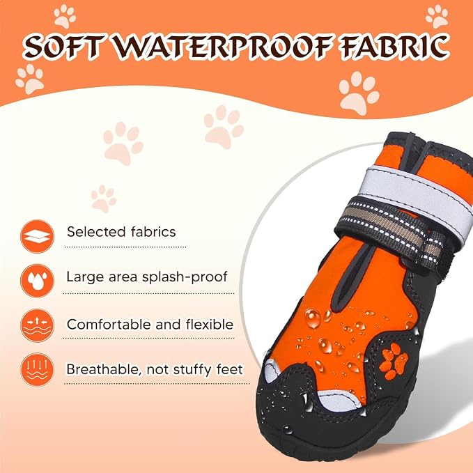 Dog Shoes for Large Dogs, 360°Anti Slip Medium Dog Boots & Paw Protectors Winter Snowy, Waterproof 4Pcs Dog Booties with Reflective Strips (Size 6: 2.56''x3.07''(W*L), Orange)