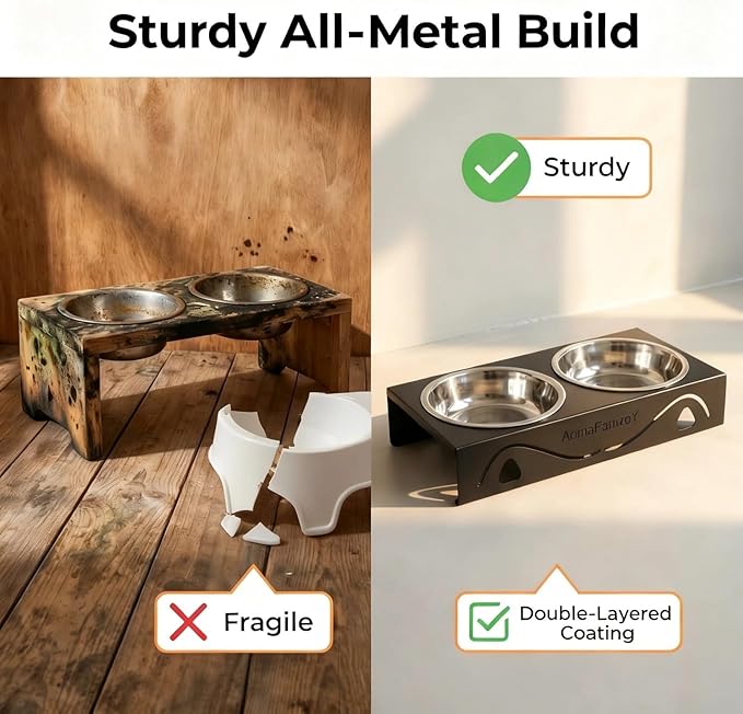 All-Metal Cat Food Bowl Raised, 5.5" WideTilted Whisker-Fatigue Pet Dish, Anti-Vomiting, 2 Stainless Steel Bowls for Food Water, Non-Slip Elevated Cat Feeding Stand for Indoor Multi Cats,Puppy, Black