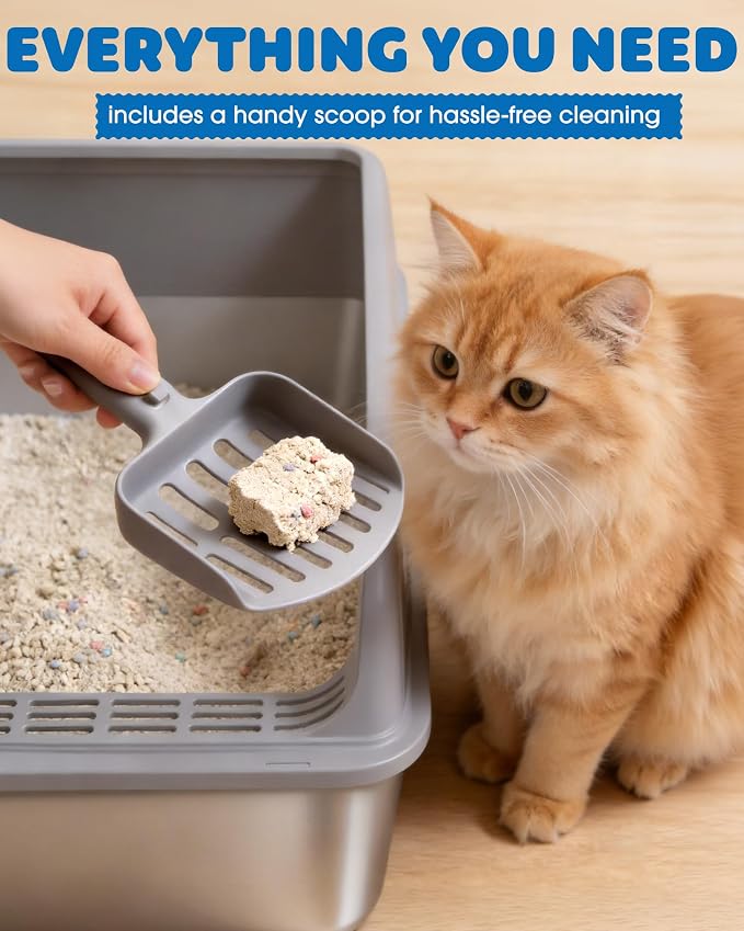 Powools Stainless Steel Cat Litter Box, High-Sided, Grey, XL (1 Pack) | Metal Litter Box with Scoop, Anti-Leakage Top Entry, Non-Sticky, Easy to Clean, 6-Inch Splash-Proof Deep Pan