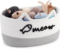Cat Toy Basket with Cat Ear Handles, 19.5 x 11 x 9 in Woven Cats Toy Bin, Large Two-tone Cotton Rope Storage Box, Meow Words Organizer for Toys, Blankets, Home Decor (White, Gray)