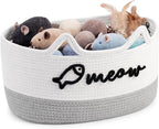 Cat Toy Basket with Cat Ear Handles, 19.5 x 11 x 9 in Woven Cats Toy Bin, Large Two-tone Cotton Rope Storage Box, Meow Words Organizer for Toys, Blankets, Home Decor (White, Gray)