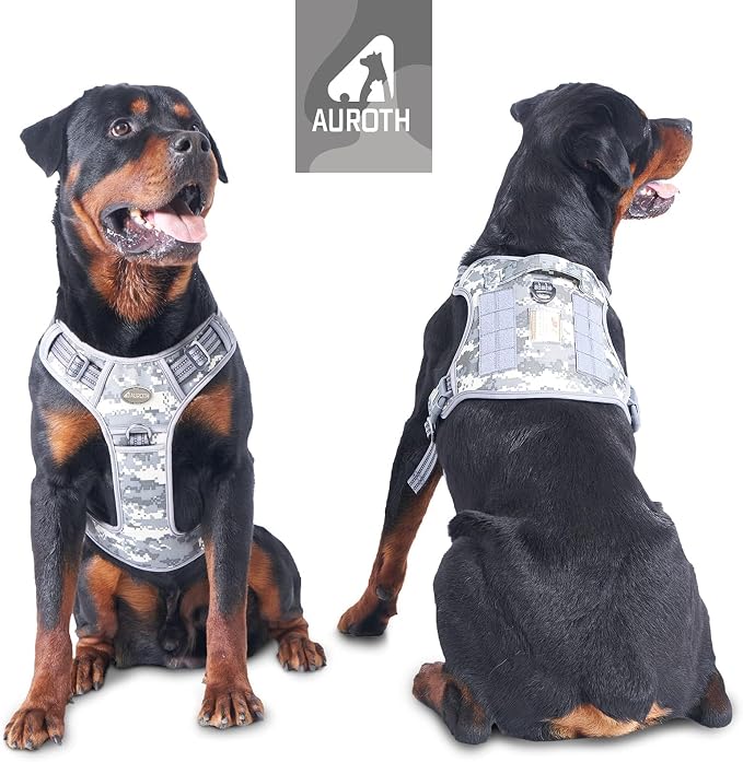 Auroth Tactical Dog Training Harness No Pulling Front Clip Leash Adhesion Reflective K9 Pet Working Vest Easy Control for Small Medium Large Dogs Grey Camo L