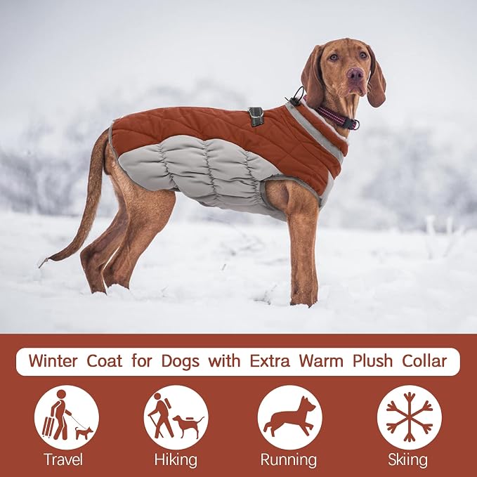 FUAMEY Dog Coat for Large Dogs, Fleece Dog Winter Jacket with Harness | Puppy Cold Weather Coats Reflective Pet Puffer Vest with Zipper Water-Resistant Warm Dogs Snowsuit Windproof Brown XXXL