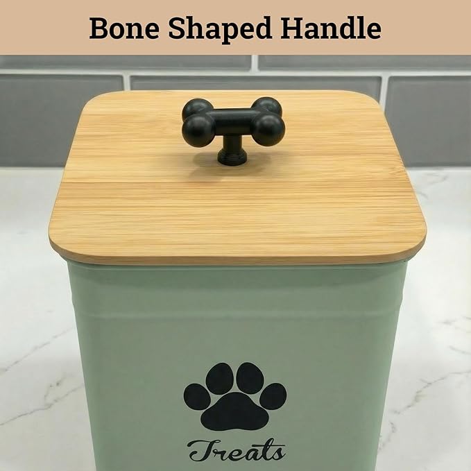 Dog Treat Container Airtight, 6"W x 8"H, Powder Coated, 12 Cup Capacity | Fits All Popular Treats, 12 Cup Capacity, Airtight Bamboo Lid, Easy Open Lid, Dent-Resistant Durable Metal Bone-Shaped Handle