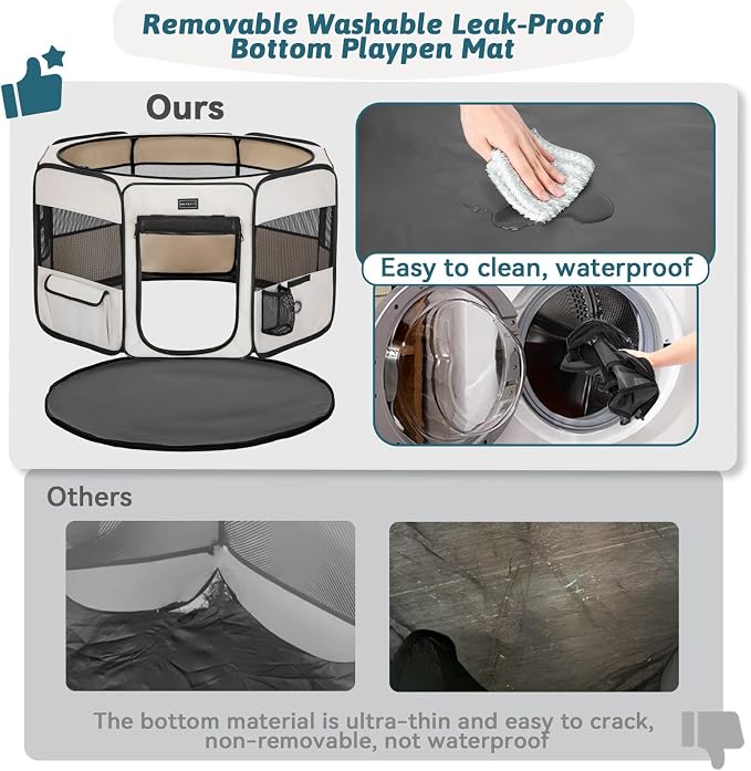 PETSFIT Portable Dog Playpen 45", Removable Waterproof Mat, Zippered Roof | Jump-proof, Collapsible Storage, RV Camping Travel, Indoor Outdoor Use, Large Dogs and Cats, 45.5"L x 45.5"W x 28.5"H