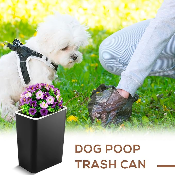 Jingmore Dog Poop Trash Can Outside 3.96 Gal/ 15 L Plant Styled Dog Waste Trash Can with Lid 50 Waste Bags Outdoor Indoor Poop Container Slim Garbage Bin for Yard Garden Pet(Purple Flower Black)