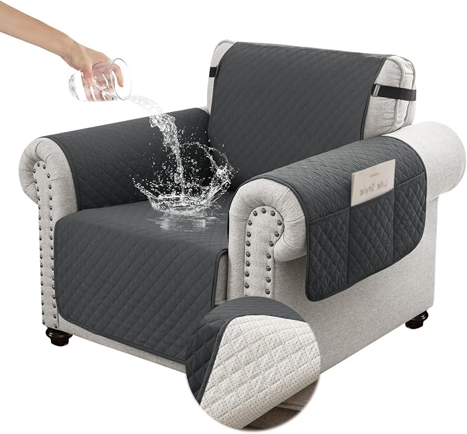 100% Waterproof Couch Cover for Dogs with Non-Slip & Side Pockets 23", Furniture Protector Sofa Covers, Washable Cushion Covers for Pets Kids Cat-Armchair Blackishgray
