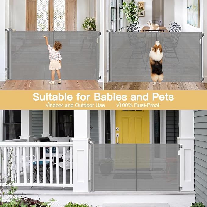 Reinforced 42" Tall x 55" Wide Retractable Baby Gates for Dogs/Easy Install | Indoor/Outdoor Tall Pet Gate, Prevents Crawling Under, Space-Saving, Easy to Use, Scratch-Resistant Mesh, Safety Lock, Gray