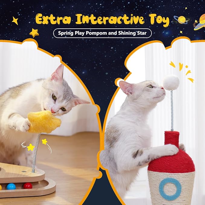 PETEPELA Cat Scratching Post, Rocket Sisal Cat Scratcher, 24.8'' Cute Scratching Post with 2-Layers Wooden Track Cat Toys & Spring Pompom for Indoor Cats Adults | Cute Scratching Post with 2-Layers Wooden Track Cat Toys & Spring Pompom for Indoor Cats ...
