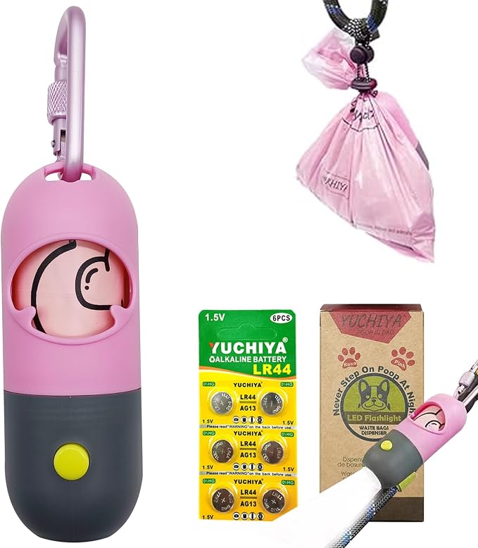 Dog Poop Bags Holder with LED Flashlight|Pet Waste Bags Dispenser for Leash|Doggie Potty Bags Container with Leak-proof Pet Trash Bags and Accessories (1 Holder 15 Bags, Pink)