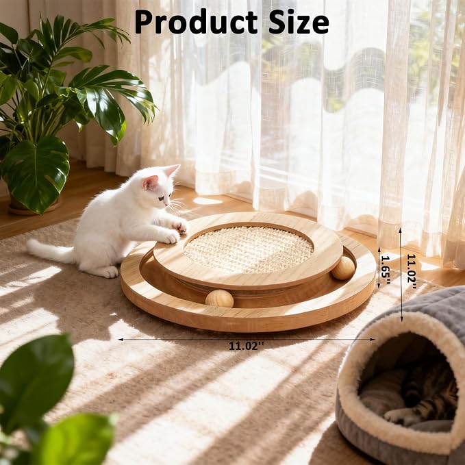 Sisal Cat Scratch Pad with Ball Track Round Wooden Cat Scratchers | Cat Scratching Board for Indoor Small Cats and Kitten Scratching Chasing Playing