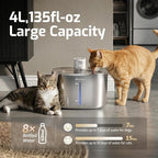 Wireless Cat Water Fountain Stainless Steel,135floz/4L Battery Operated Automatic Pet Fountain,Cordless Cat Water Dispenser Pet Drinking Water Fountain for Multicat Cats Dog Outdoor
