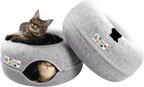 Peekaboo Cat Cave Donut for Multiple & Large Cats up to 30-45 lbs, 3-in-1 Self Warming Cat Bed, Tunnel & Scratcher for Indoor Cats, Washable & Detachable (Light Gray + Light Gray, Large)