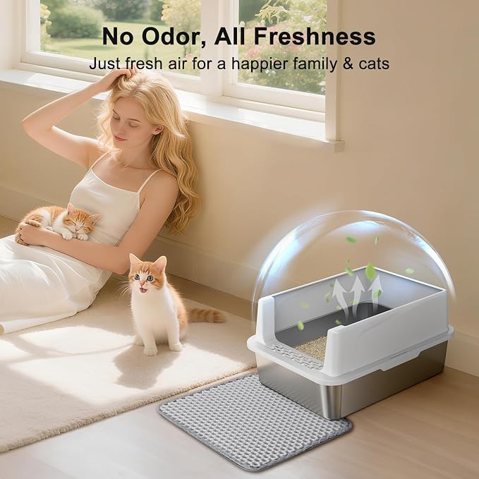 FURTIME Stainless Steel Cat Litter Box, Small Cats Metal Litter Box | High-Sided Open-Top Easy-Clean Litter Pan, Non-Stick, Anti-Leakage, Odor-Free, Comes with Scoop & Mat, 17"×13"×8.4"