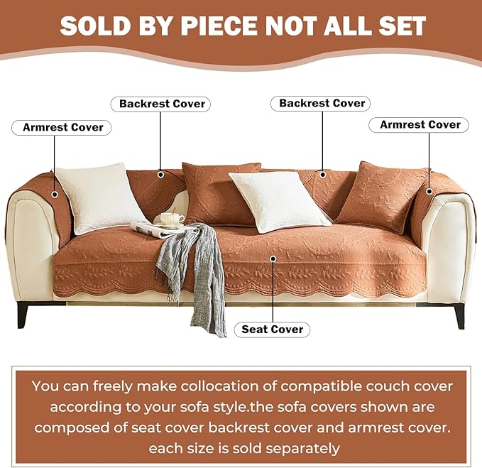 Leaf Floral Cotton Quilted Dog Couch Cover for Sofa Farmhouse Rustic Embroidered Sectional Couch Cover Soft Anti-Slip Sofa Slipcover Furniture Protector for Kids, Pets (Orange,28"x59")