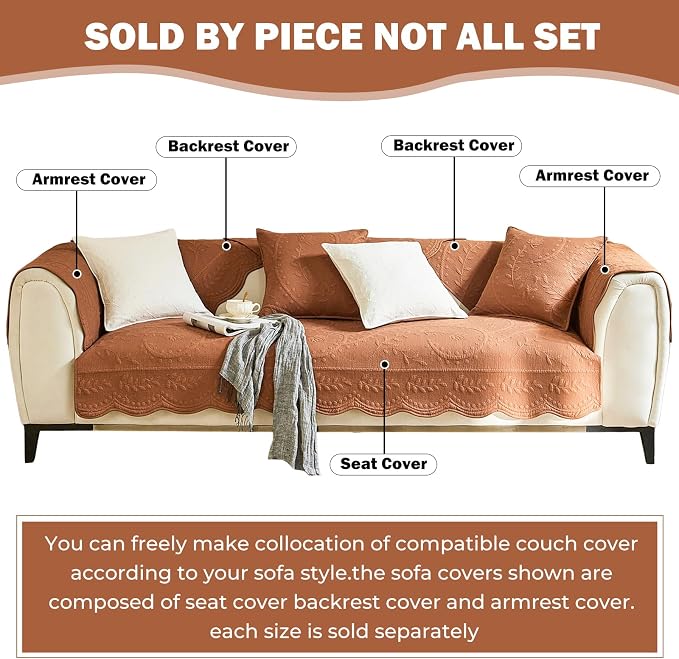 Leaf Floral Cotton Quilted Dog Couch Cover for Sofa Farmhouse Rustic Embroidered Sectional Couch Cover Soft Anti-Slip Sofa Slipcover Furniture Protector for Kids, Pets (Orange,28"x82")