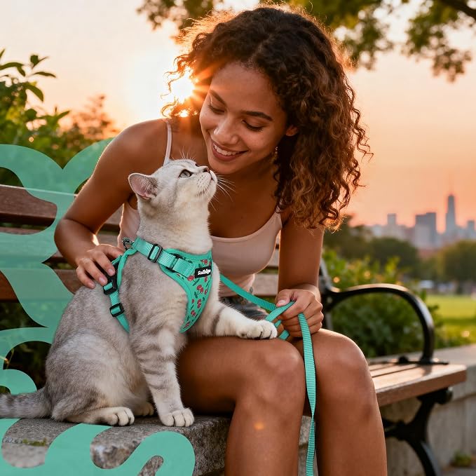 rabbitgoo Cat Harness and Leash Set, Escape Proof Vest, Cherry Grove | Soft Breathable Mesh, Easy Adjustable Fit, Snap Buckles, Sturdy Clip, Reflective Strips, for Average Cats Walks, S