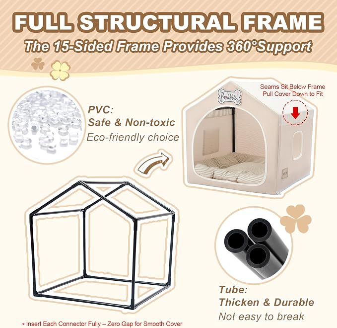 Jiupety Indoor Dog House with Frame, Cute Dog Tent Bed with Cover Cave, Breathable, Washable, and Foldable House, Suitable for 8-16 Lb Puppy and Cats, Medium (17"×17"×17"), Beige