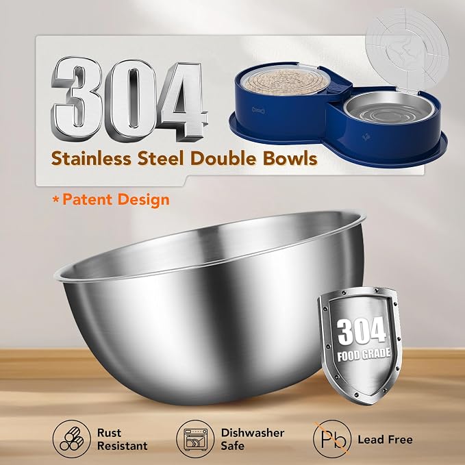 Newget 304 Stainless Steel Dog Bowl Set with Lids, 24oz Foldable Pet Dishes | Dual Food & Water Pet Bowl, Anti-Skid, Keeps Food Fresh, Easy to Install, for Small - Large Dogs/Cats - Indoor & Outdoor Use