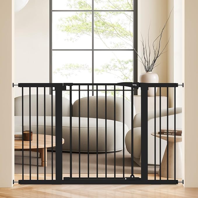 keny 29.7"-51.5" Extra Wide Baby Gate for Stairs, Easy Walk Thru Dog Gate | 21.1" Large Opening Door, Pressured Mounted No Drilling Pet Gate, 30" Tall, Black