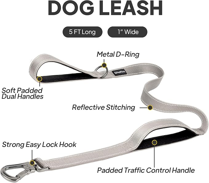 PetiFine 5FT Heavy Duty Dog Leash with Soft Padded Double Handle | Traffic Handle Extra Control,Auto Lock Hook,Reflective Nylon Walking Lead for Large,Medium,Small Breed Dogs