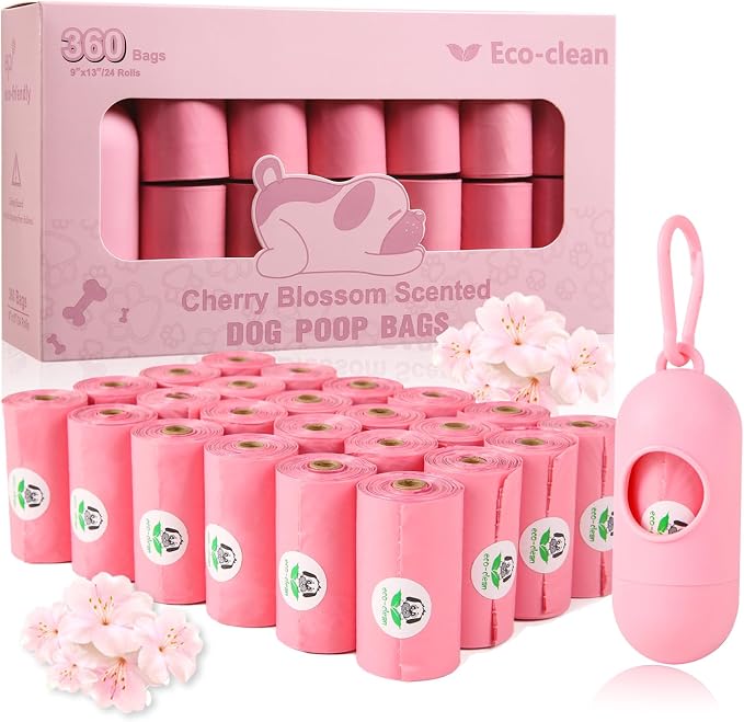 ECO-CLEAN Dog Poop Bags with Dispenser, 360 Count, Cherry Blossom scented | Leak-Proof, Extra-Thick, pink Doggie Waste Bags Rolls, Indoor/Outdoor Use