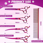 JASON Dog Grooming Scissors Set - 7" Purple 6-in-1 Professional Shears | Thinning, Straight, Up-Curved, Down-Curved Scissors and Comb for Dog Cat Pet with Adjustable Screw
