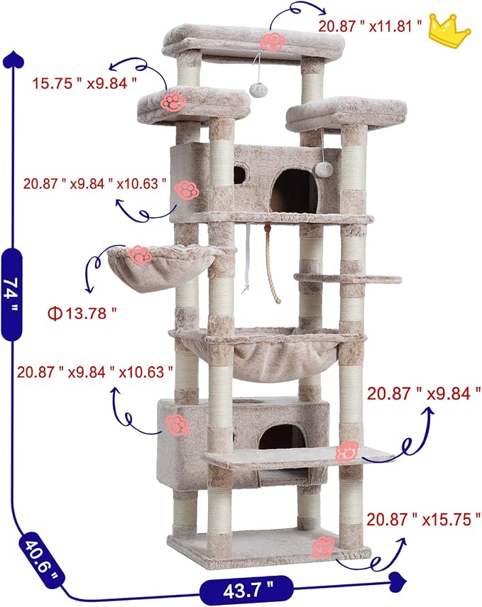 Gitelsnour Cat Tree, 74" Tower for Large Cats, Big Condo Hammock CCT030MU | Heavy duty, 3 Big Platforms, 2 Baskets, 2 Condos, Multi-Level Cat Scratching Posts, Indoor Cats Large Adult, Mushroom