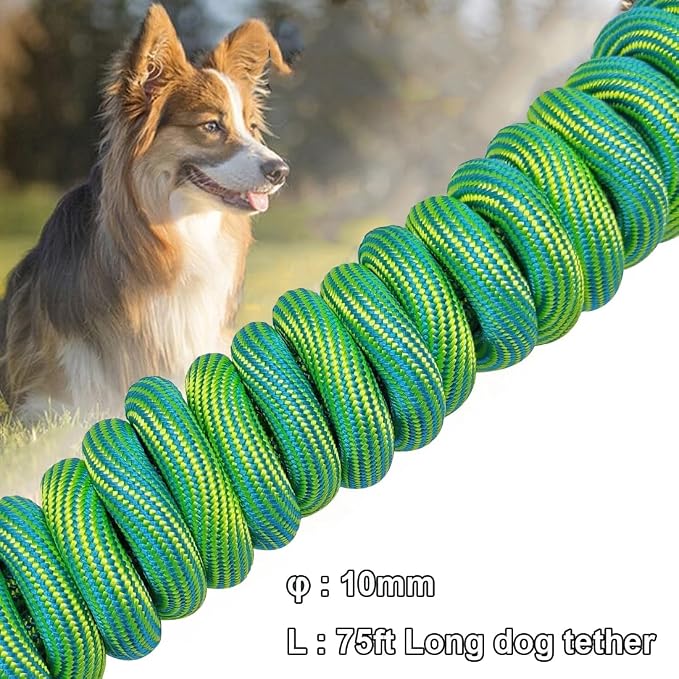 BTINESFUL 8/12/20/30/50/75ft Dog Tie Out Long Tether Rope Dog Lead for Yard | Large Medium Dogs Outdoor Training, Playing, Camping, Backyard Dog Line (75 Foot, Green)