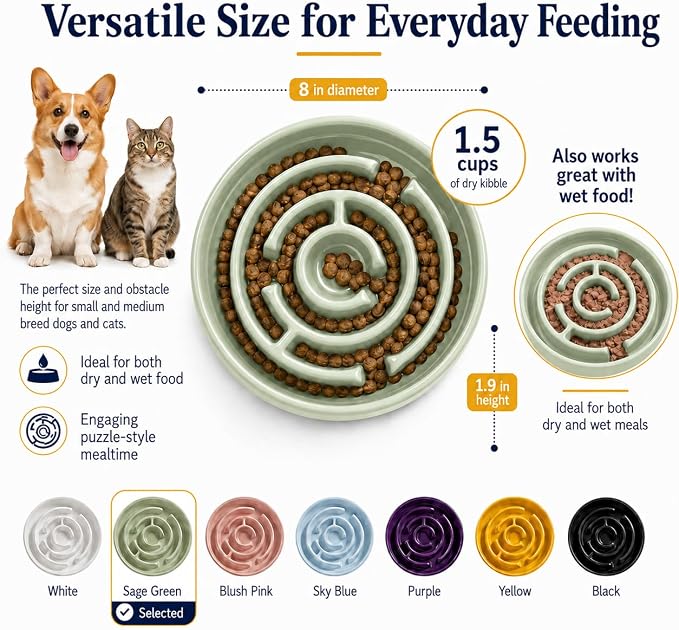 Ceramic Slow Feeder Dog Bowl 1.5 Cup Puzzle Dish for Small Medium Dogs | Glazed ceramic maze bowl with 1.5-cup capacity for dry or wet food, sized for small and medium dogs
