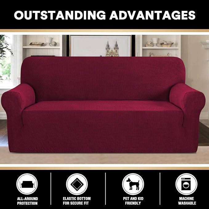 Stretch Sofa Cover Slipcover Couch Covers for 3 Cushion Couch Furniture Protector Sofa Covers with Non Slip Elastic Bottom Dogs Pet Friendly Fitted(Large Sofa 90"-100",Burgundy Red)