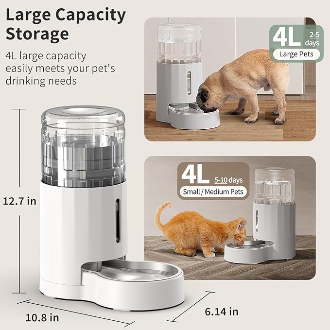 JUNSPOW Cat Water Dispenser with Filter and Stainless Steel Bowl (4L White) | Automatic Gravity Water Dispenser for Cats or Small Medium Size Dogs, Large Capacity, Easy to Clean