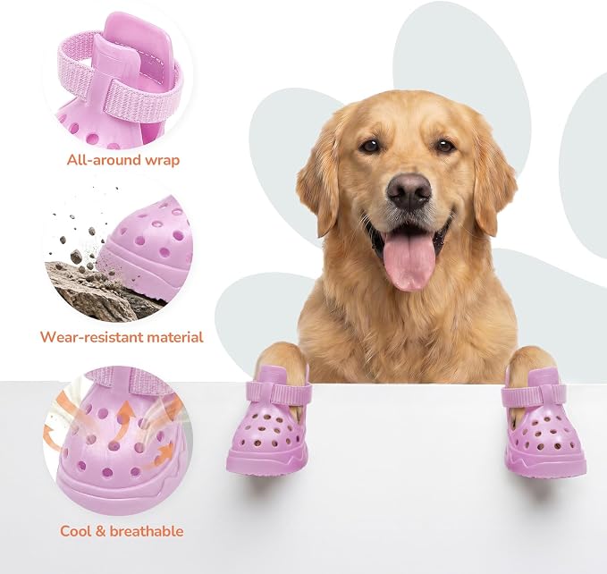 Soft Dog Shoes for Hot Pavement, Breathable Vented Dog Boots, Pink, Size 6 | 4 Pack, Soft Rubber Material, Lightweight, Anti-Slip Soles, Reflective Strap, Wide Opening, Summer Walks, Medium & Large Dogs