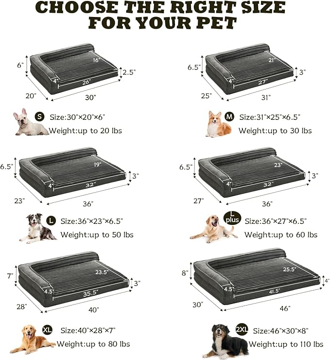 WINDRACING Orthopedic Dog Beds for Extra Large, XXLarge Dogs, Waterproof Egg Foam Dog Sofa Bed with L Bolster Sides, Washable Pet Bed with Removable Cover & Non-Slip Bottom, 46 x 30 inch, Gray