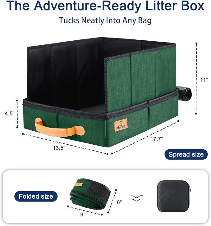 MORAIS Portable Travel Litter Box for Cats, 17.7"×13.5"×11" Collapsible Cat Litter Box with Lid, Leak-Proof Cat Litter Pan for Car Hotel Airplane, Waterproof & Easy to Carry- Green