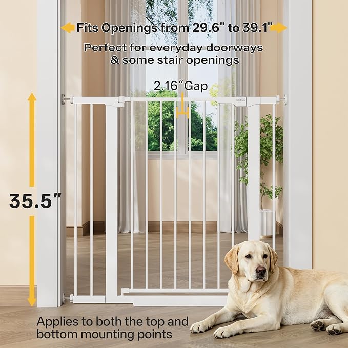 InnoTruth 29.6-39.1 in Wide x 35.5 in High Extra Tall Baby Gate, White | Indoor Metal Dog Gate for Stairs and Doorways, Auto Close Walk Through Door for Pets, Double Lock, Pressure or Hardware Mount