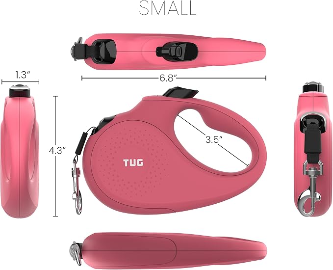 TUG Monochrome 360° Tangle-Free Retractable Dog Leash | 16 ft Strong Nylon Tape (Small, Pink)