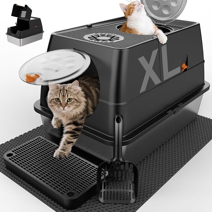 Stainless Steel Litter Box with Lid, XL Extra Large Litter Box, Enclosed Top Entry Metal Litterbox for Big Cat, Easy Cleaning, Anti-Leakage & High Sided with Mat, Aisle & Scoop Black