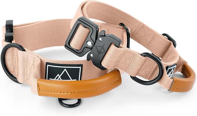 MADE TO ROAM Control Dog Collar | Leather Handle & Heavy Duty Metal Buckle | Premium adjustable collar with vegan leather handle. Fits medium to large dogs. 15 colors. Matching leash & harness