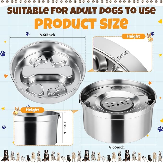 Vesici Slow Feeder Dog Bowls Set 3.2l No Spill Water Bowl and 2 Cups 304 Stainless Steel Dog Slow Feeder Food Bowl Puppy or Cat Food Holder Dishwasher Pet Supplies