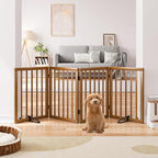 Semiocthome Freestanding Dog Gate 24“Tall, Walnut Foldable Dog Gates for Doorways Stairs Indoor, Wooden 4 Panels Pet Gates for Dogs with 2 Metals Stands, Fully Assembled Door Gates Fences