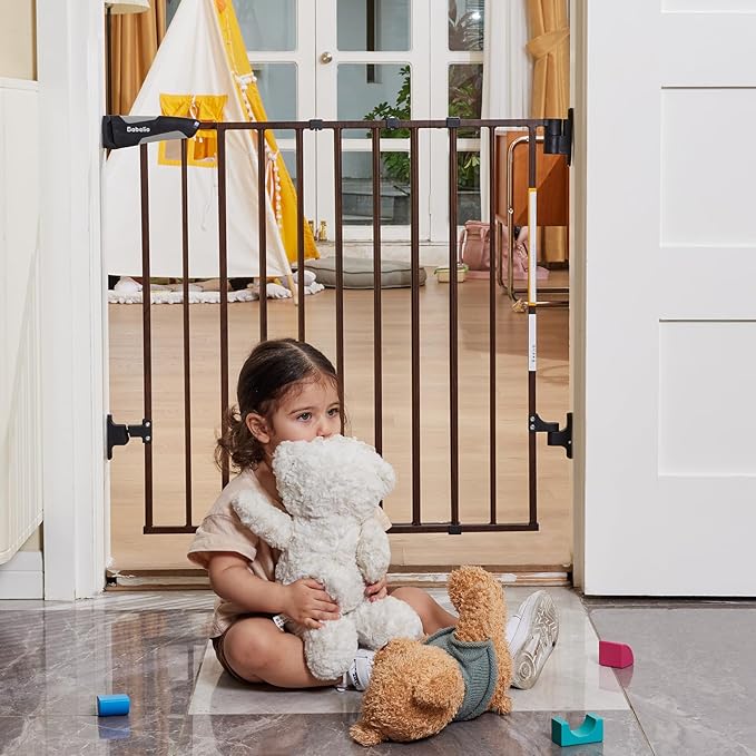 Babelio No Bottom Bar Baby Gate, 28" H x 26-43" W, Black Wood Pattern | Easy Install| One-handed Opening| Auto-close| Drill Needed Indoor Safety Dog/Pet Gate for Stairs, Hallways & Doorways