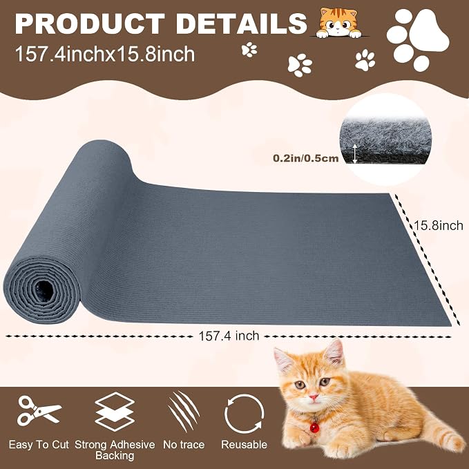 78.7"x15.8" Cat Scratching Mat Self Adhesive Furniture Protector Trim Fit | Stop Cat Scratching Furniture With Thick Felt Protector, Strong Adhesive, Easy Trim, Protects Couch Sofa Wall Instantly
