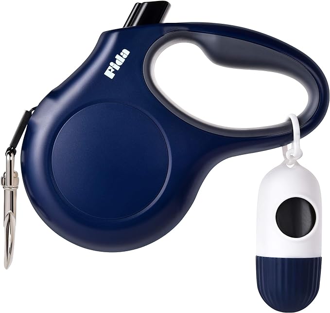 Fida Retractable Dog Leash with Dispenser and Poop Bags, 10 ft Pet Walking Leash for X-Small Dog or Cat up to 18 lbs, Anti-Slip Handle, Tangle-Free, Reflective Nylon Tape (XS, Navy Blue)
