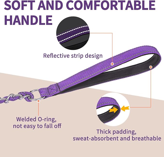 HOMIMP Heavy Duty Dog Leash - Chew Proof 4 FT, Reflective, Metal Training Leash with Soft Padded Handle, Strong Rope for Night Walking, Purple