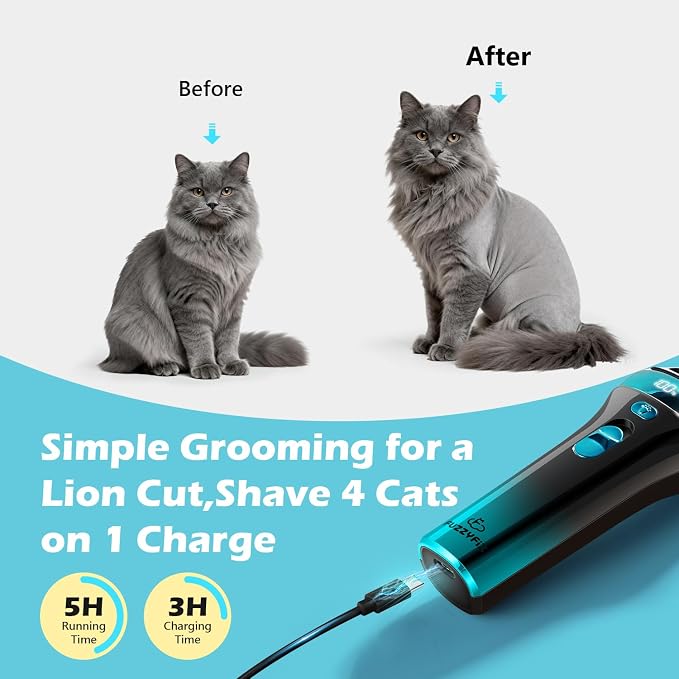 Cat Clippers for Grooming with 5-in-1 Blade Cat Grooming Kit | Cordless Rechargeable Hair Trimmer Detachable Stainless Steel Blade Pet Shaver for Small Kitty Paw Face Head Body