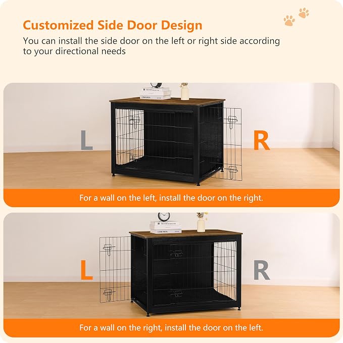 DWANTON Dog Crate Furniture with Cushion, Wooden Kennel Table with Double Doors, Indoor Dog House, Large Size, 38.5" L, Black+Warm Brown