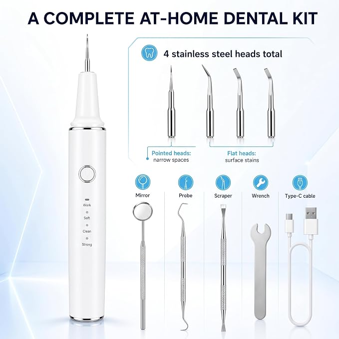 Dog Teeth Cleaning Kit, Ultrasonic Dog Plaque and Tartar Remover | Contact-Activated Pet Dental Care Tool with 3 Modes, 4 Heads, LED Light, IPX6 Rechargeable Dog Cat Teeth Cleaner - White